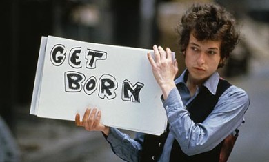 Bob Dylan holding sign, 